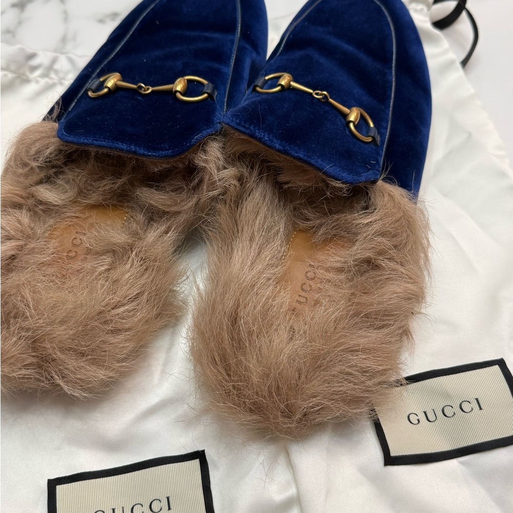 Gucci Blue Velvet Fur Lined Loafers